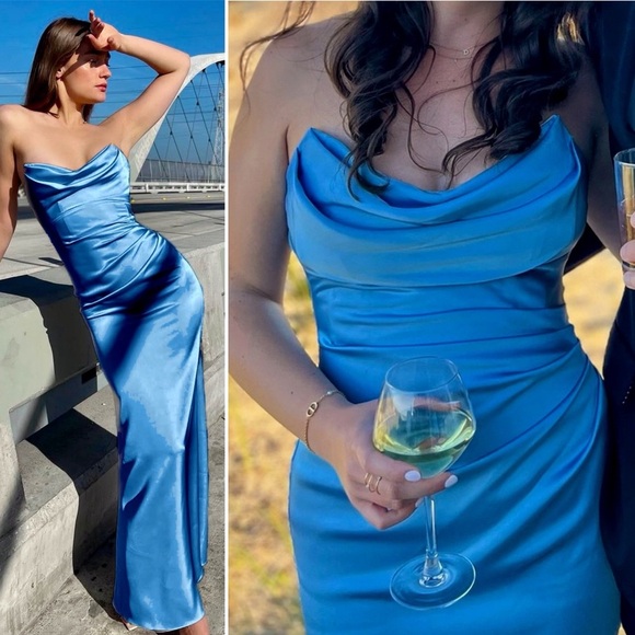 Katie May Taylor Gown in French Blue Bustier Strapless Maxi Dress Satin Small S - Picture 1 of 14